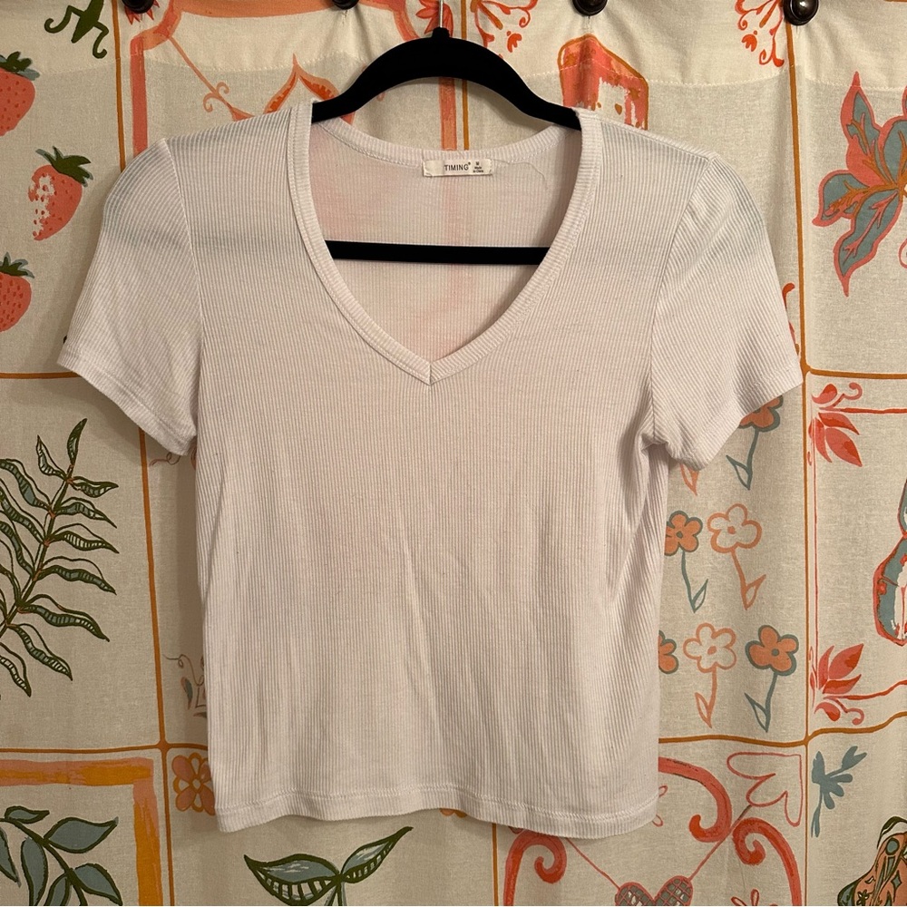 white ribbed v neck - Picture 2 of 4